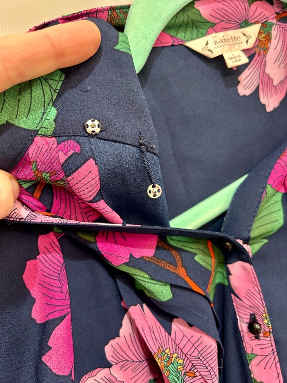 Nanette Lepore Floral Shirtdress Midi Navy Fuchsia Pink Pleated Front Size 6 - Picture 7 of 10